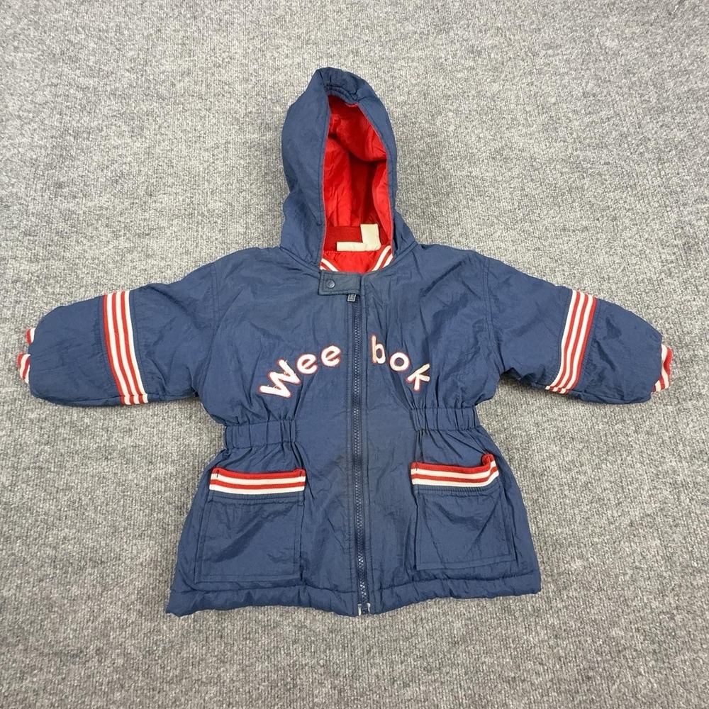 Vintage Weebok Jacket Kids 3T Blue Hooded Nylon Parka Striped Embroidered Winter